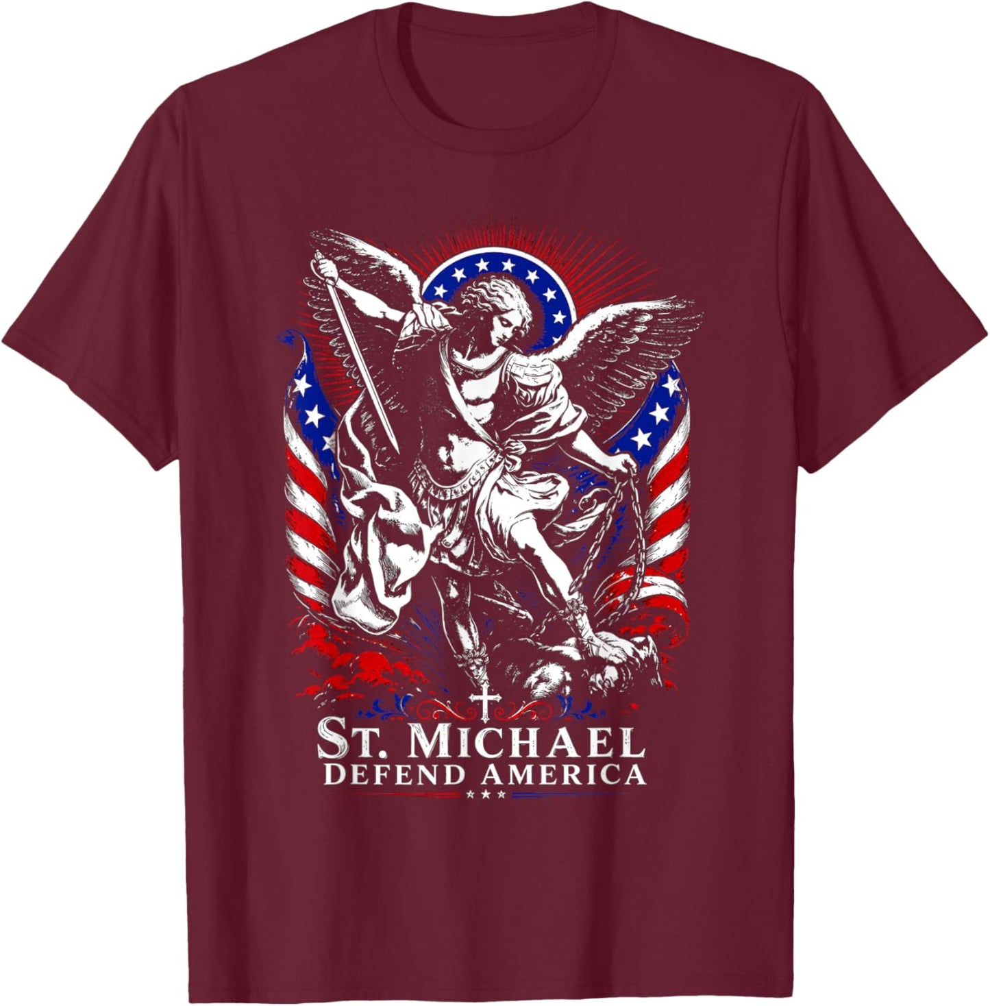 St. Michael Defend America Archangel Patriot USA Flag T-Shirt - T-Shirt | Maroon