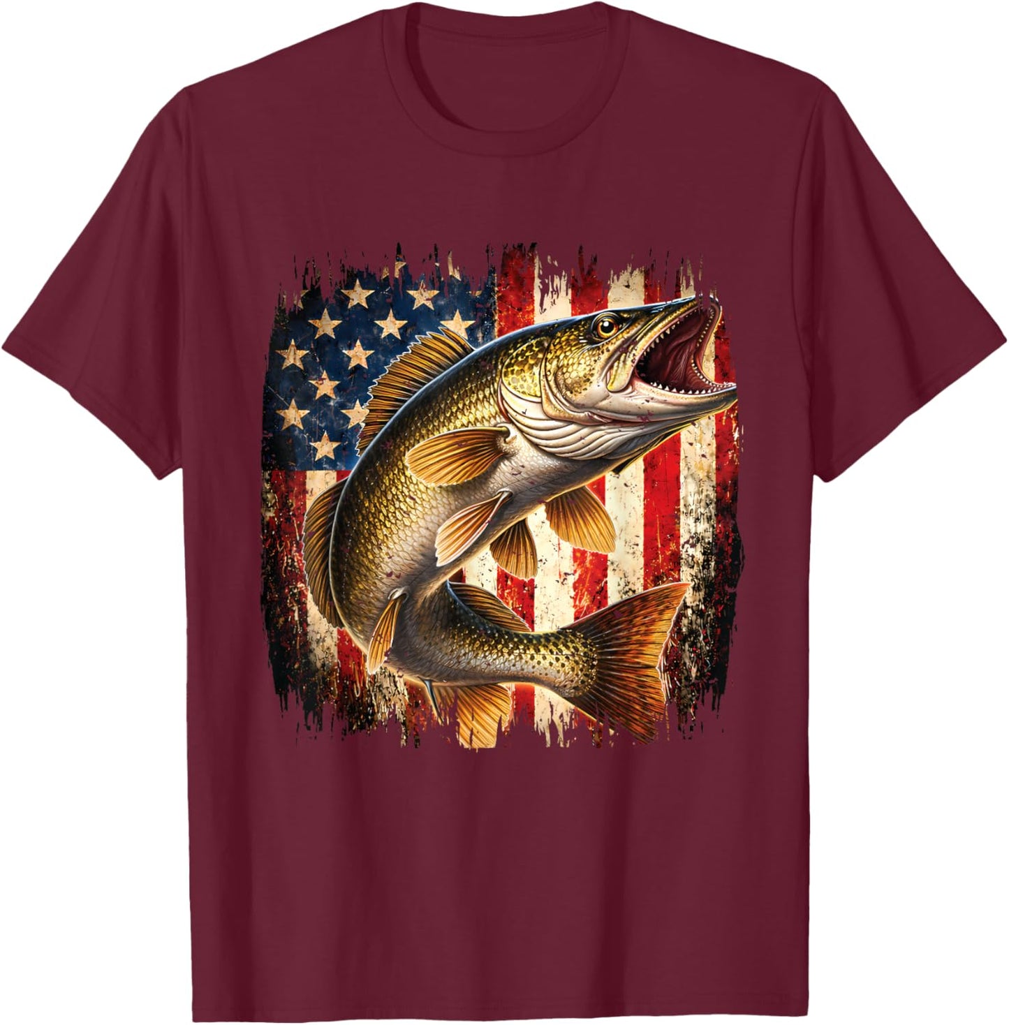 American Flag Walleye Fish Fishing Vintage Fisherman T-Shirt - T-Shirt | Maroon