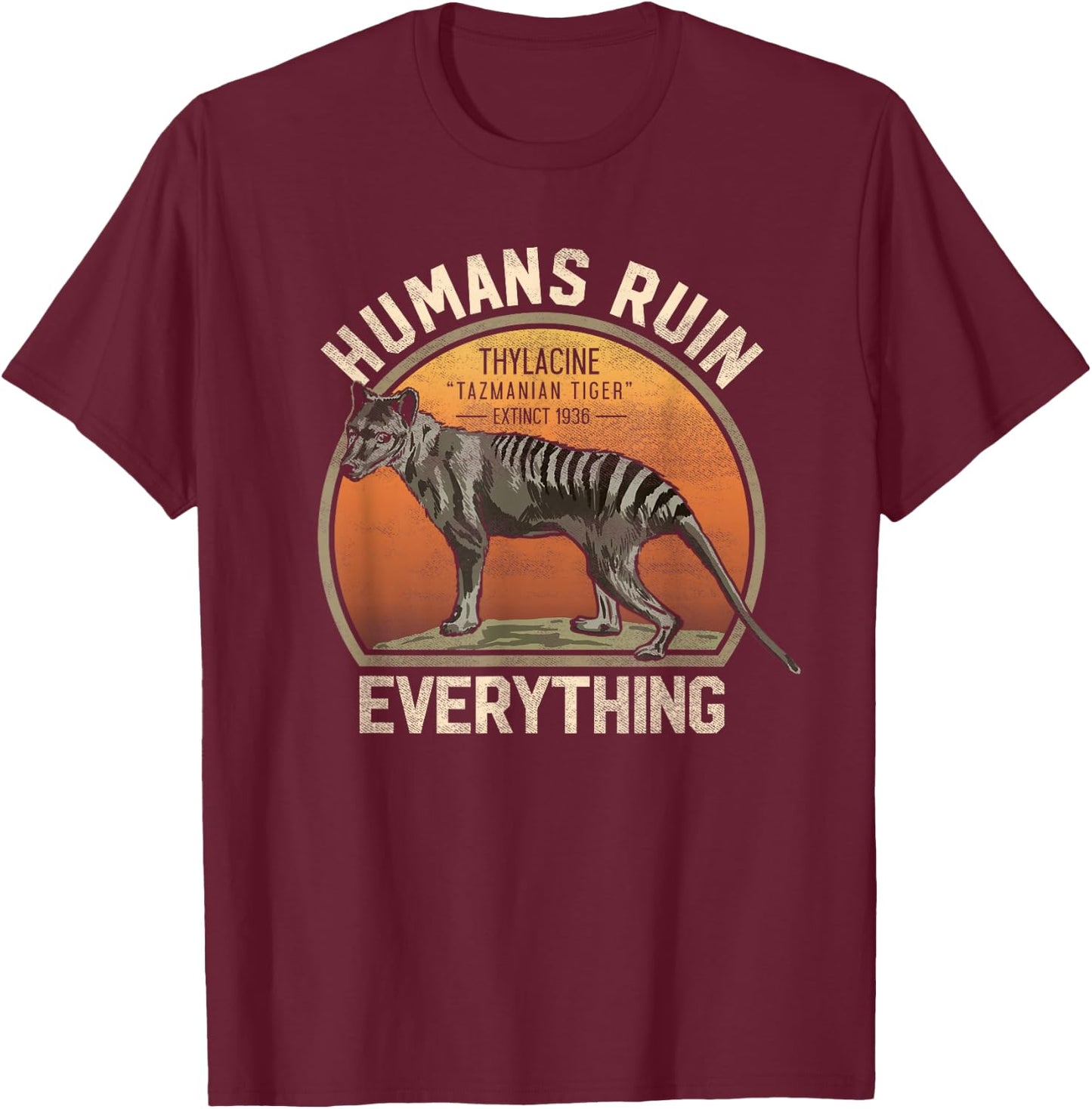 Tasmanian Tiger Thylacine Australian Extinct Animal T Shirt T-Shirt - T-Shirt | Maroon