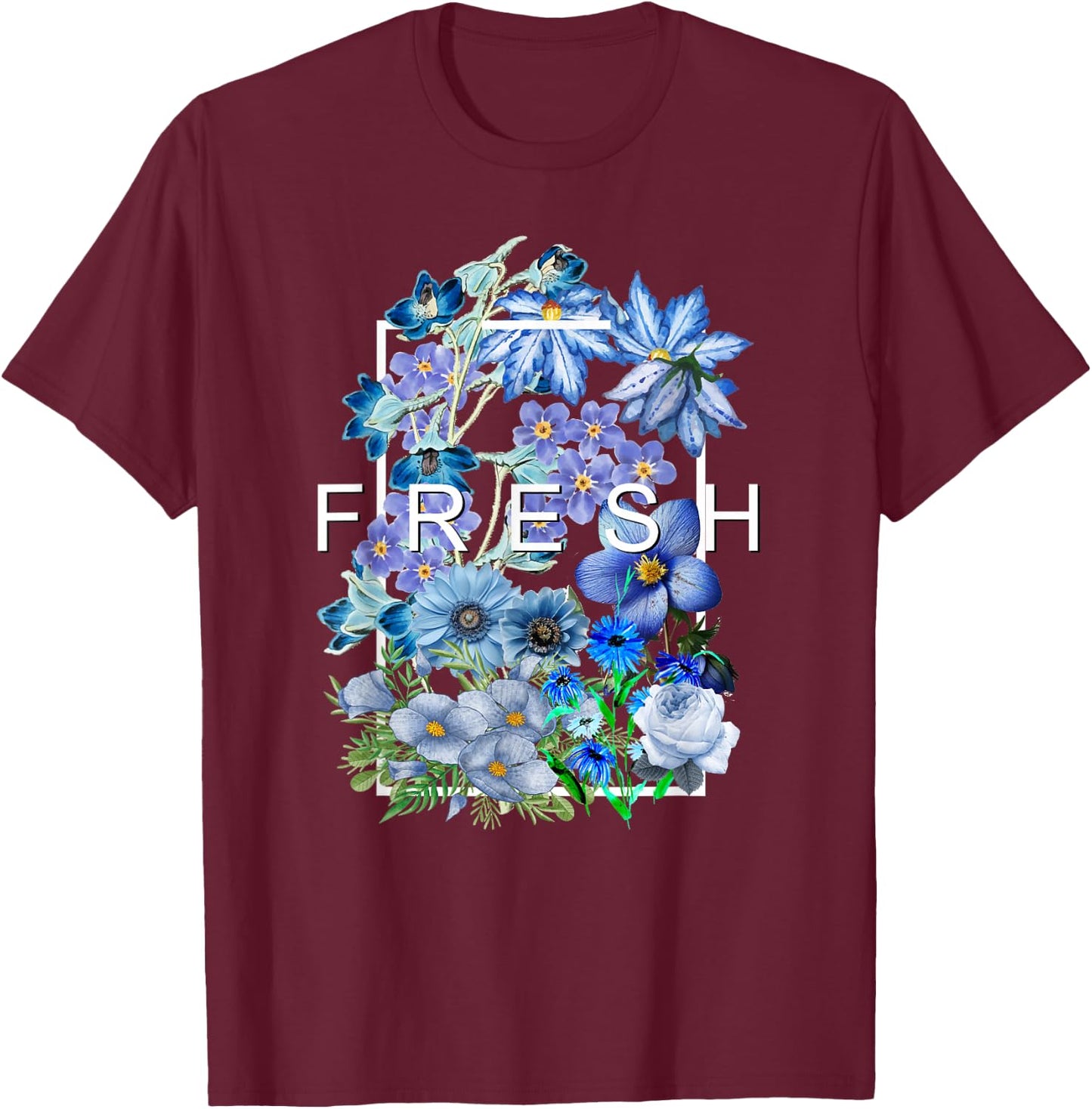 Blue Fresh Bloom Flowers Blue Color Graphic T-Shirt - T-Shirt | Maroon