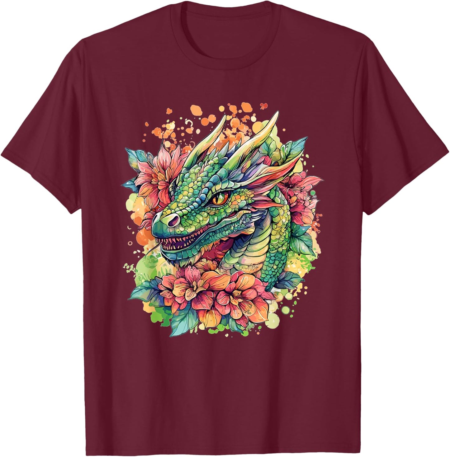 Colorful Dragon Surrounded By Flowers T-Shirt - T-Shirt | Maroon