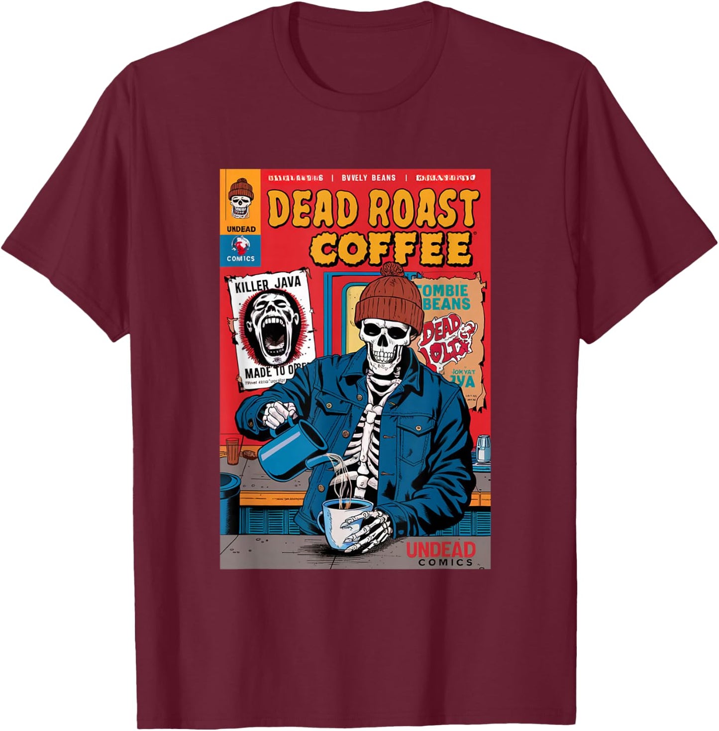 Dead Roast Coffee Comic Book Cover Style Skeleton Barista T-Shirt - T-Shirt | Maroon