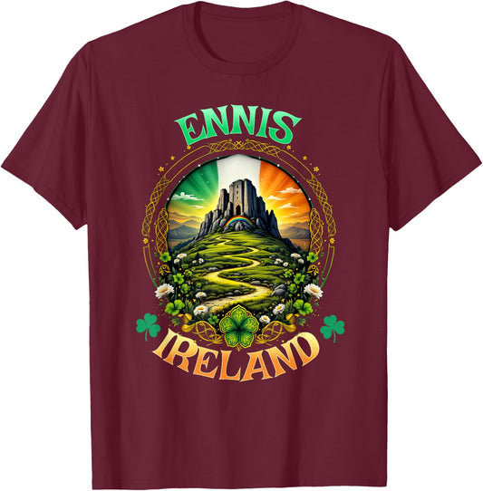 Ennis Ireland Travel Vacation Rock Of Cashel Souvenir T-Shirt - T-Shirt | Maroon