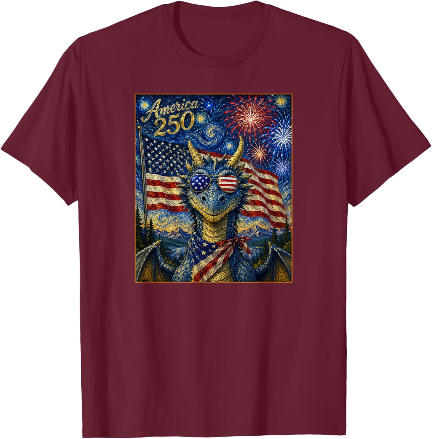 Dragon Art on America 250 Anniversay 4th of July USA Flag T-Shirt - T-Shirt | Maroon
