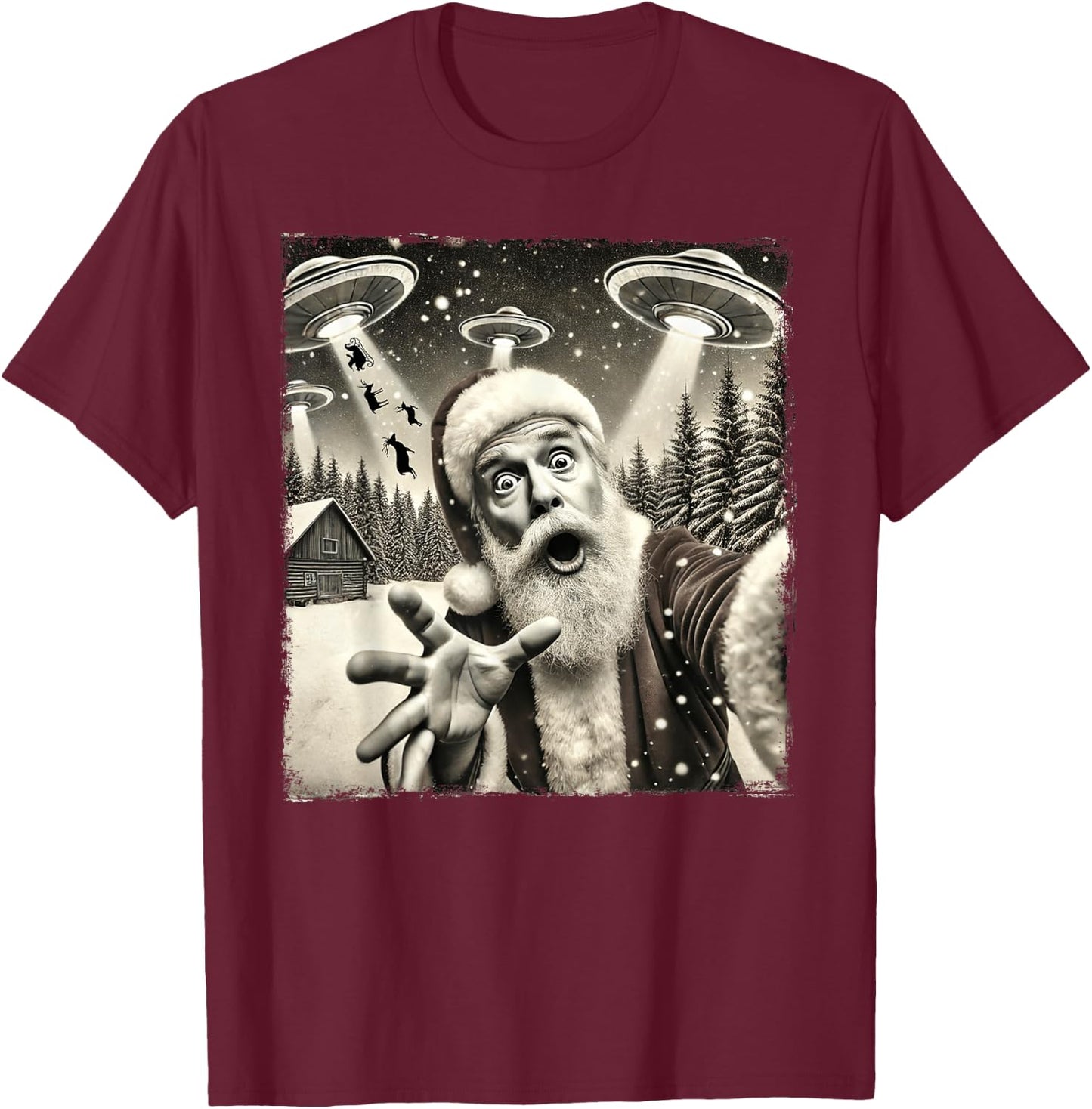 Funny Santa Claus UFO Abduction Christmas Sleigh Reindeer T-Shirt - T-Shirt | Maroon