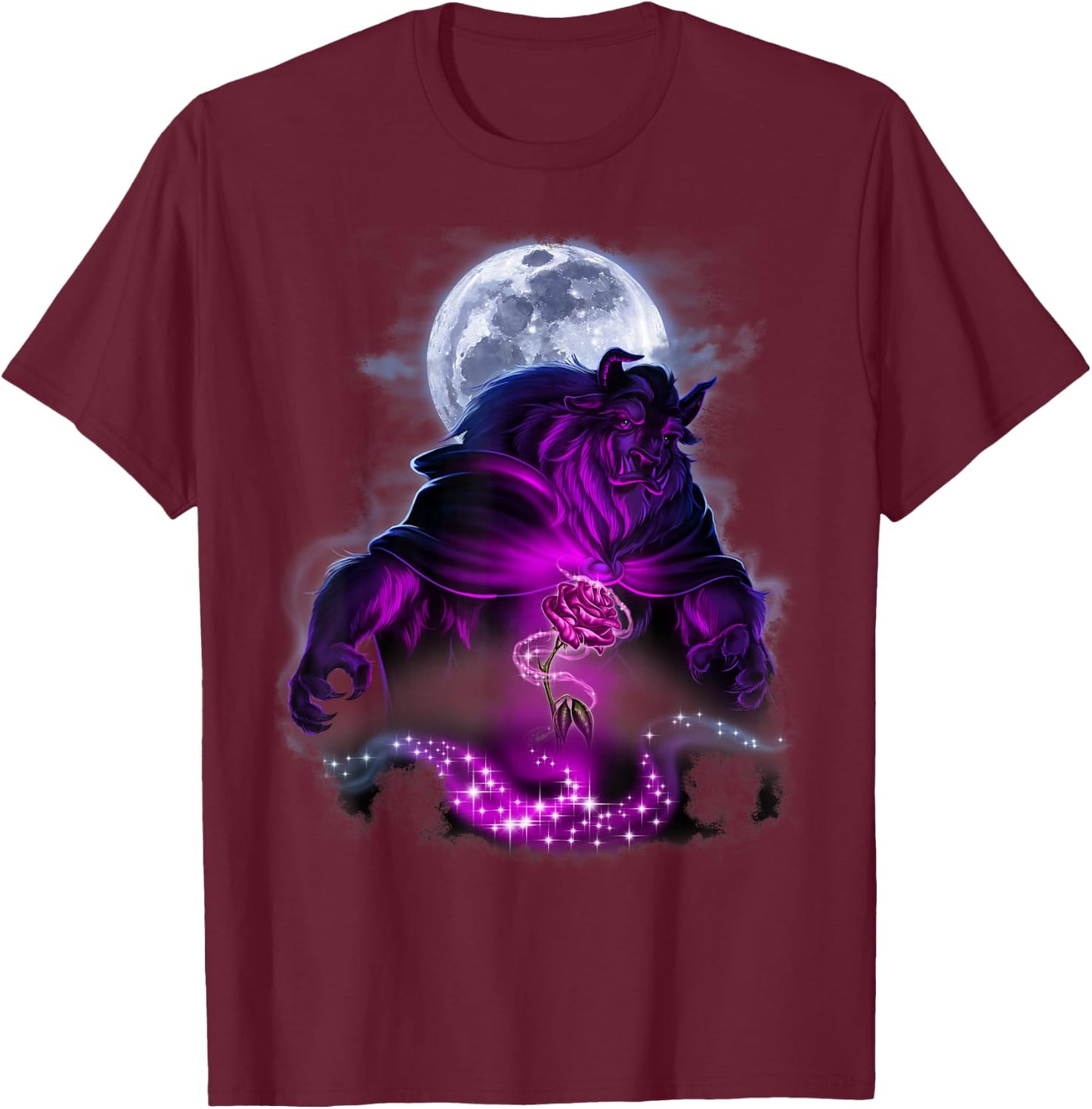 Disney Beauty & The Beast Moon Rose Airbrush Art T-Shirt - T-Shirt | Maroon