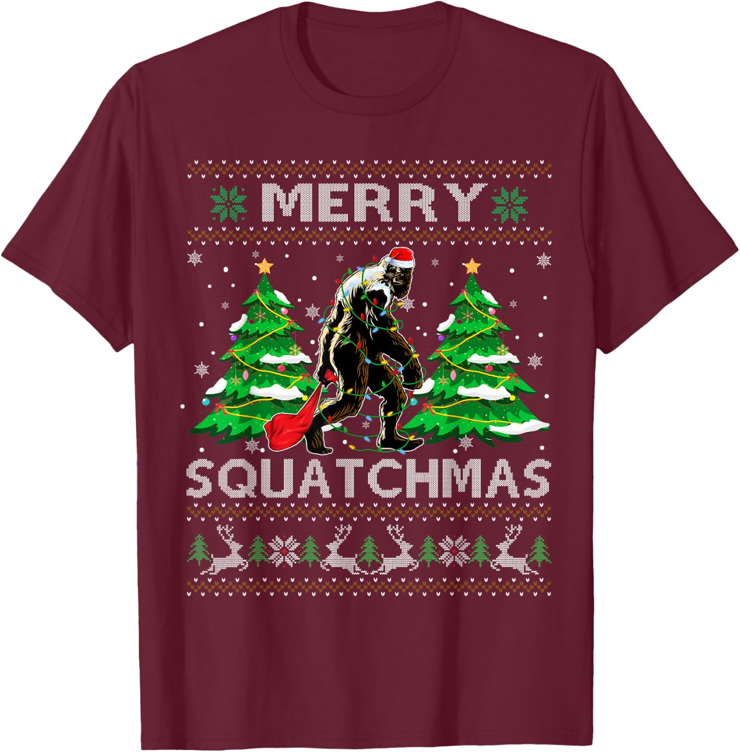 Merry Squatchmas Santa Bigfoot Sasquatch Ugly Xmas Sweater T-Shirt - T-Shirt | Maroon