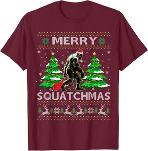 Merry Squatchmas Santa Bigfoot Sasquatch Ugly Xmas Sweater T-Shirt - T-Shirt | Maroon