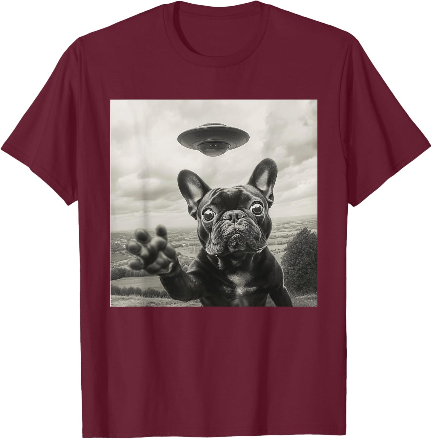 Funny French Bulldog Selfie Alien UFO Graphic Gift Men Women T-Shirt - T-Shirt | Maroon
