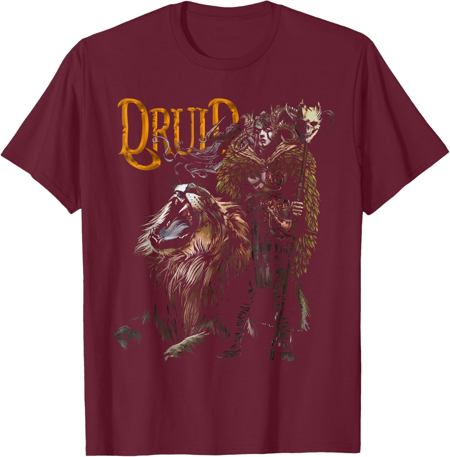 Druid with Lion D20 Fantasy Tabletop RPG Roleplaying Gamer T-Shirt - T-Shirt | Maroon