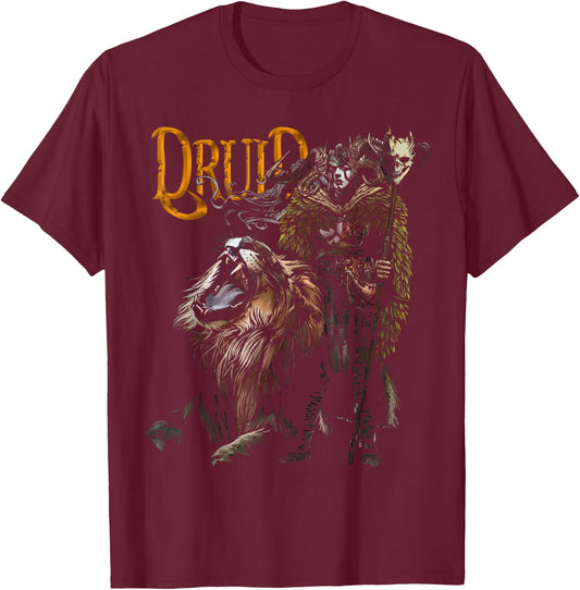 Druid with Lion D20 Fantasy Tabletop RPG Roleplaying Gamer T-Shirt - T-Shirt | Maroon