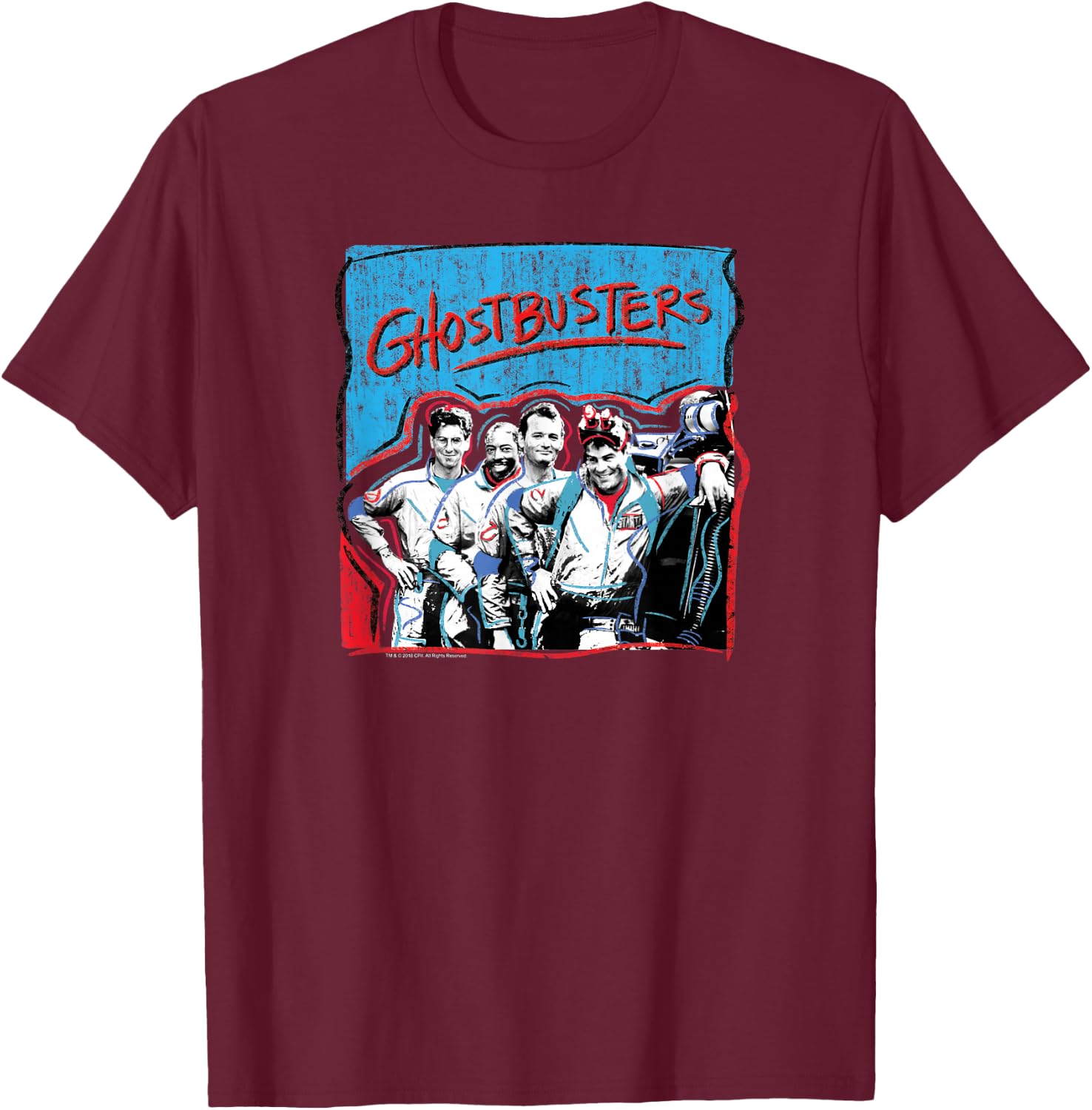Ghostbusters Graffiti Blue & Red Cast Photo Retro Movie T-Shirt - T-Shirt | Maroon