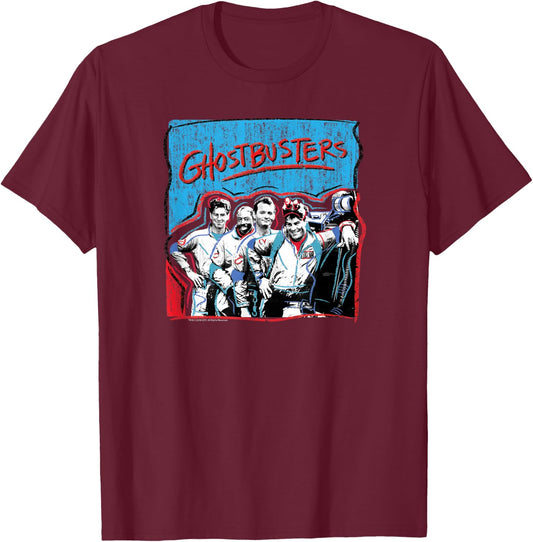 Ghostbusters Graffiti Blue & Red Cast Photo Retro Movie T-Shirt - T-Shirt | Maroon