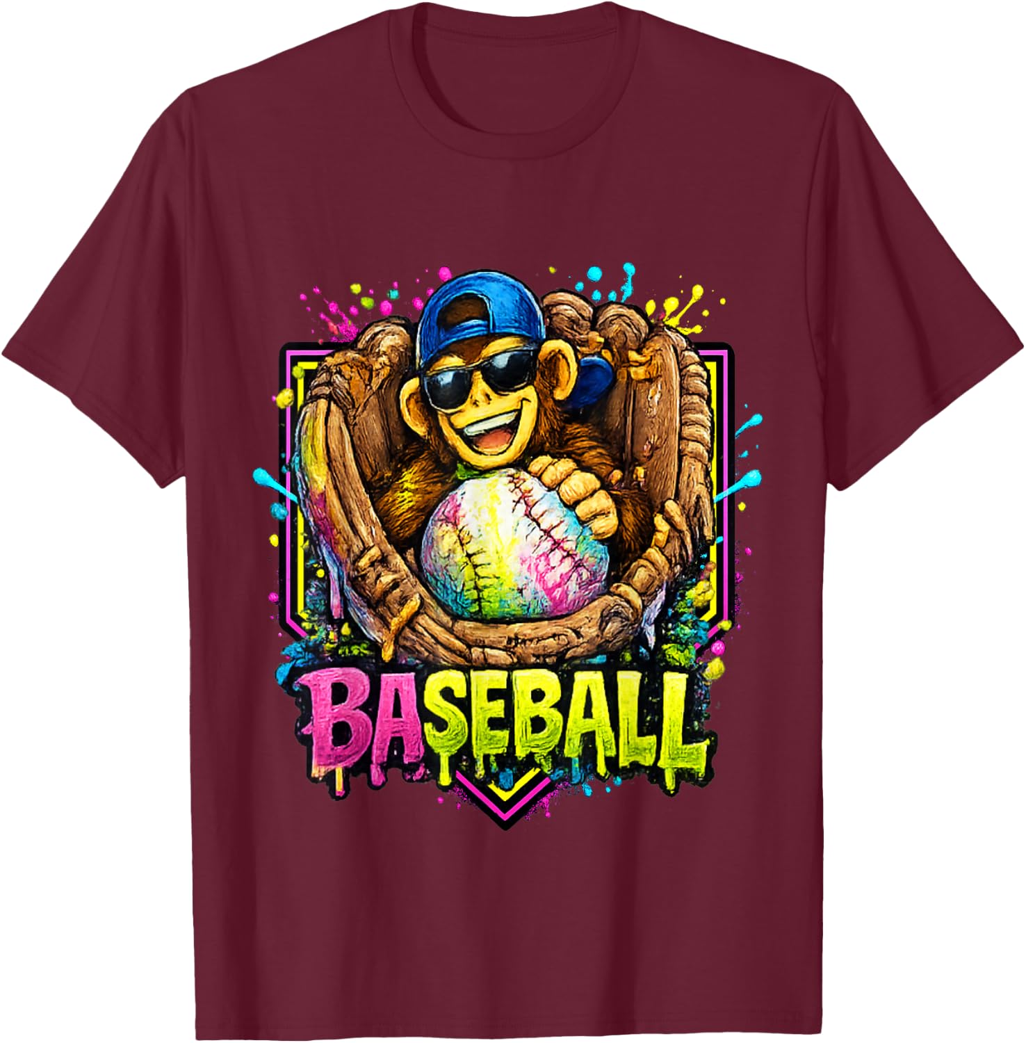 Monkey Funny Animals Baseball Ice Cream Drip Cool T-Shirt - T-Shirt | Maroon