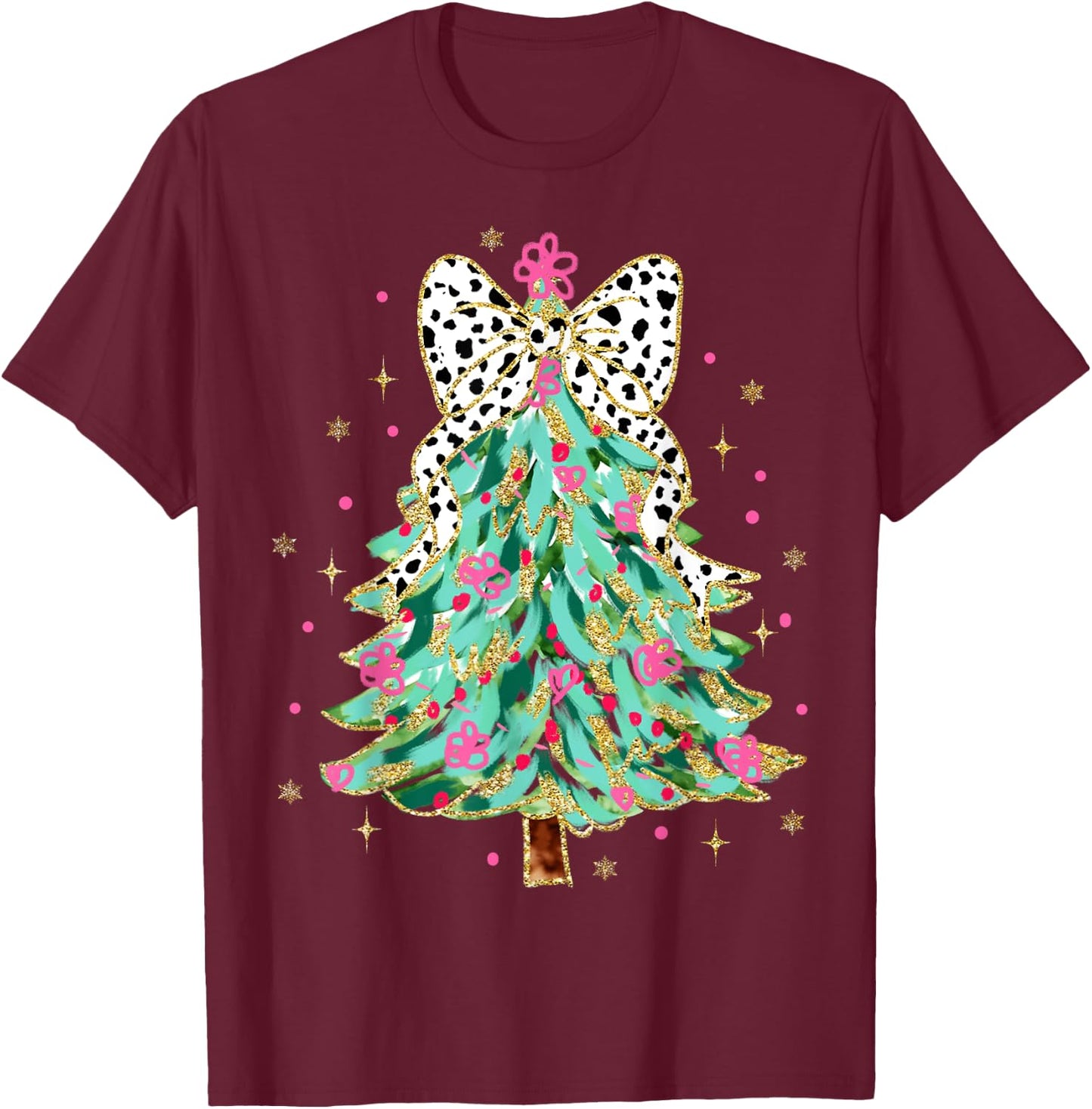 Colorful Coquette Bow Christmas Tree Florals Cute Girly Xmas T-Shirt - T-Shirt | Maroon