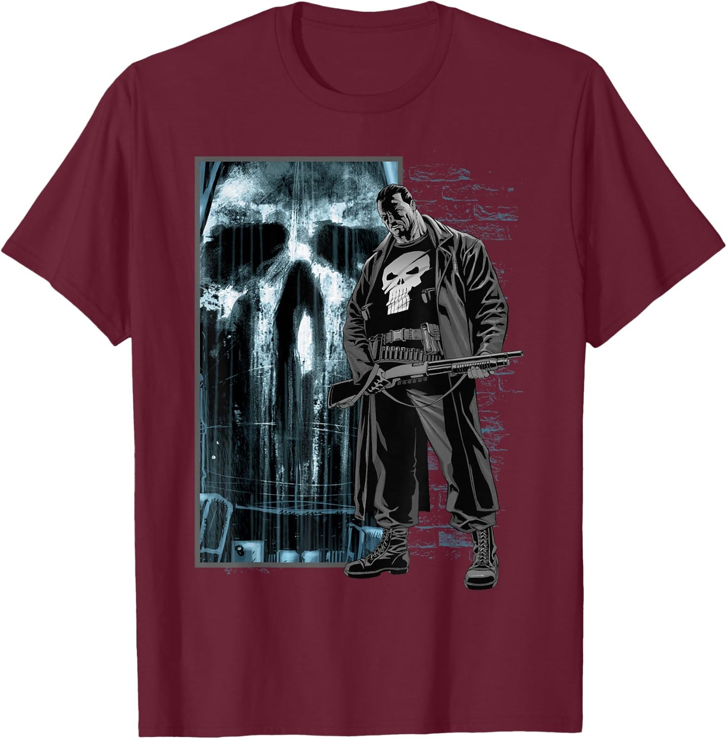 Marvel Comics Retro Classic The Punisher Bullet Storm Skull T-Shirt - T-Shirt | Maroon