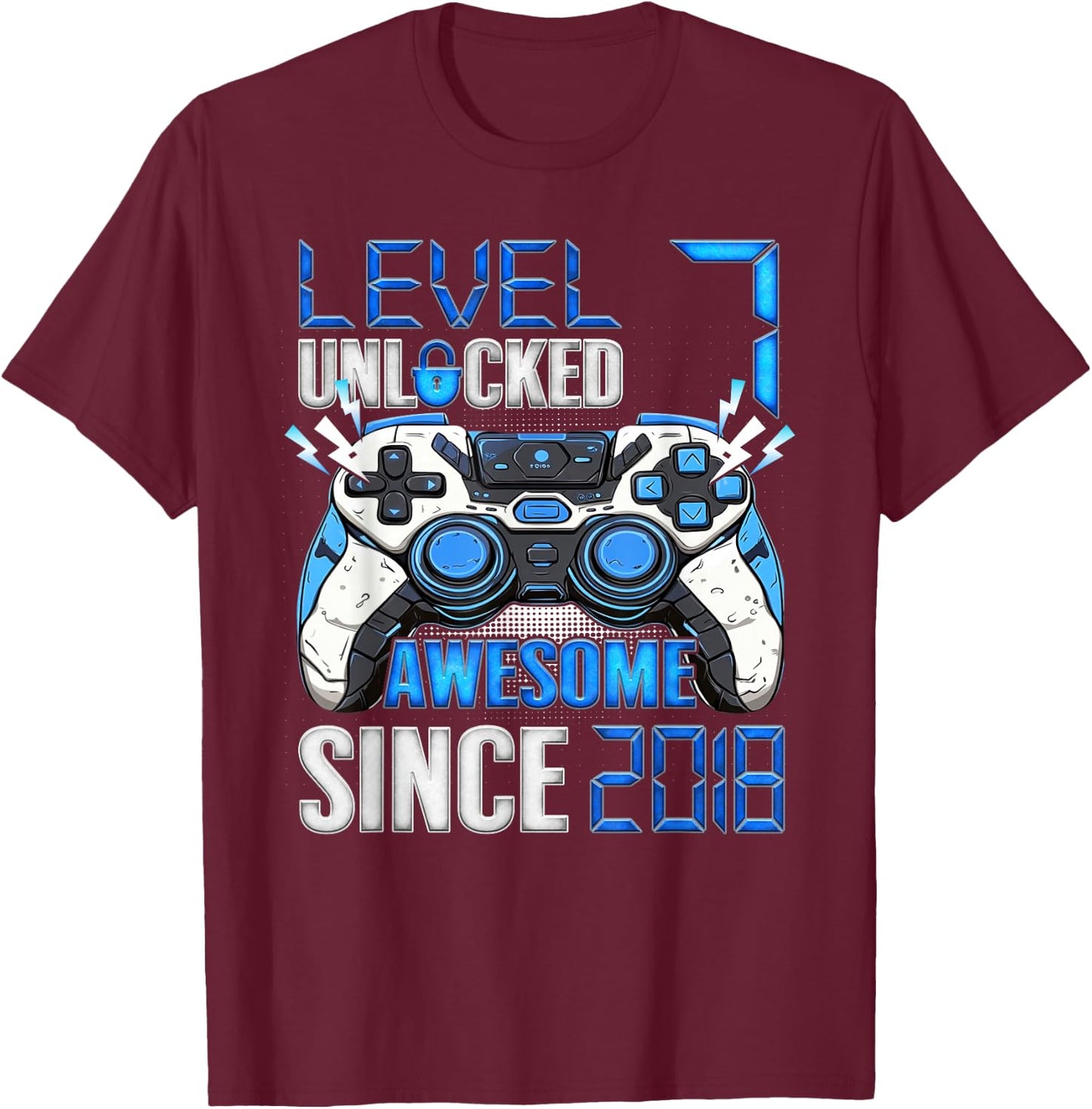 Level 7 Unlocked Awesome Since 2018 7th Birthday Boy T-Shirt - T-Shirt | Maroon