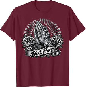 God First Praying Hands Chicano Art Spanish Christian Faith T-Shirt - T-Shirt | Maroon