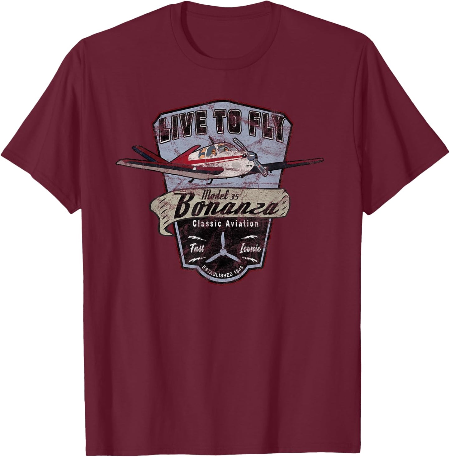 Model 35 Bonanza Airplane "Live to Fly" Vintage T-Shirt - T-Shirt | Maroon