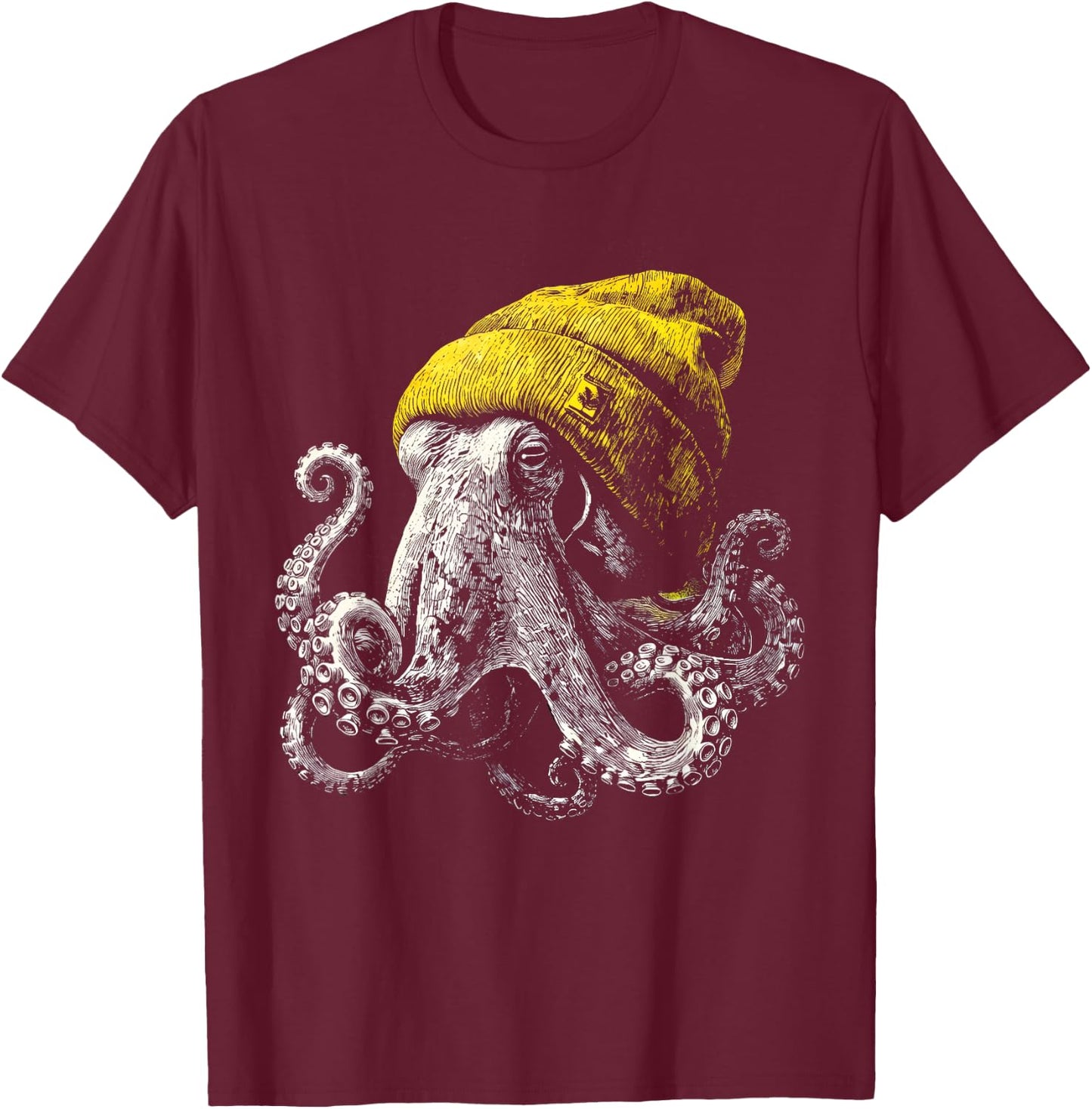 Winter Octopus Wearing Beanie Cute Ocean Animal Art T-Shirt - T-Shirt | Maroon