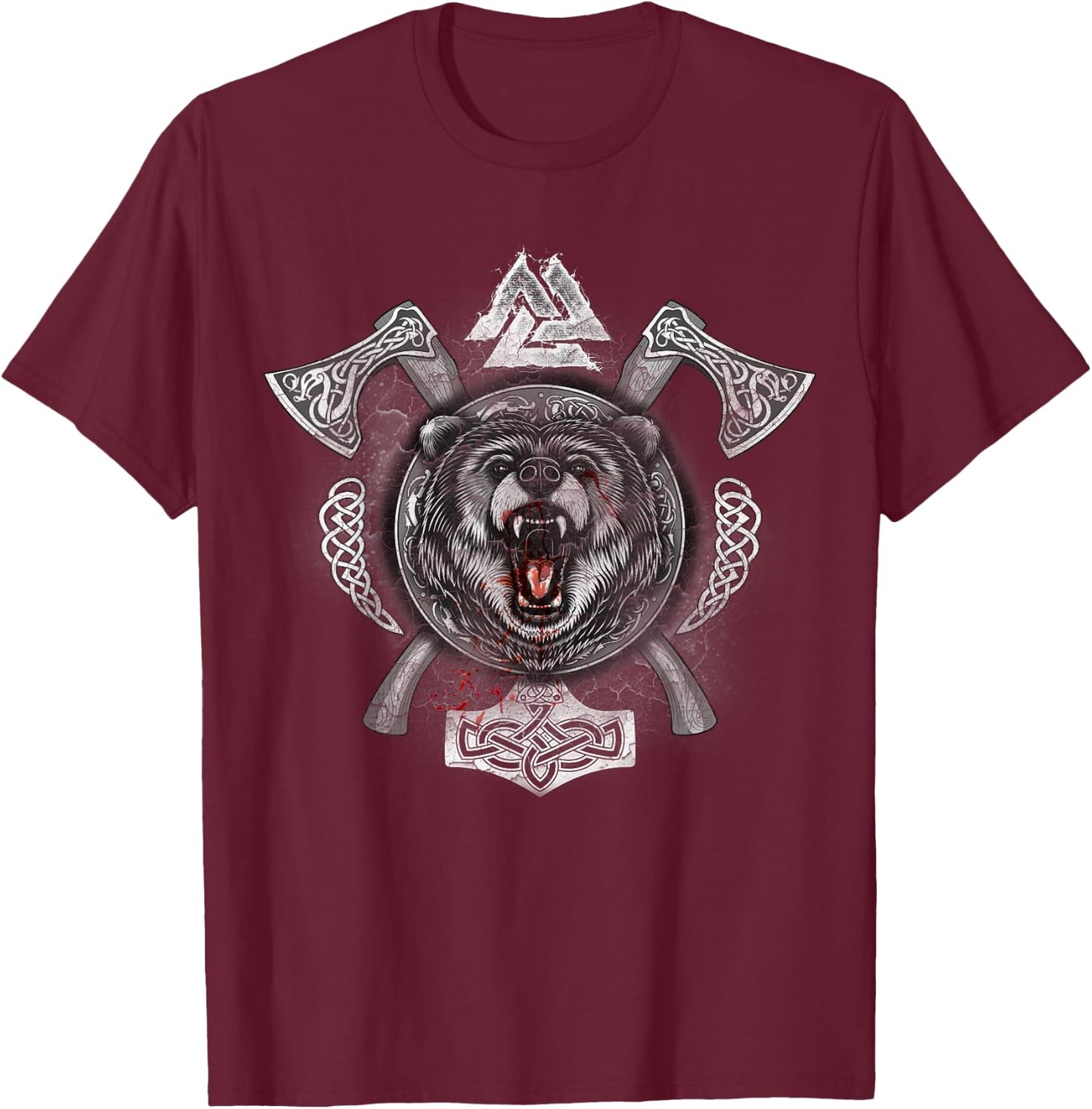 Viking Shirt with Axes Mjolnir Bear Valknut T-Shirt - T-Shirt | Maroon