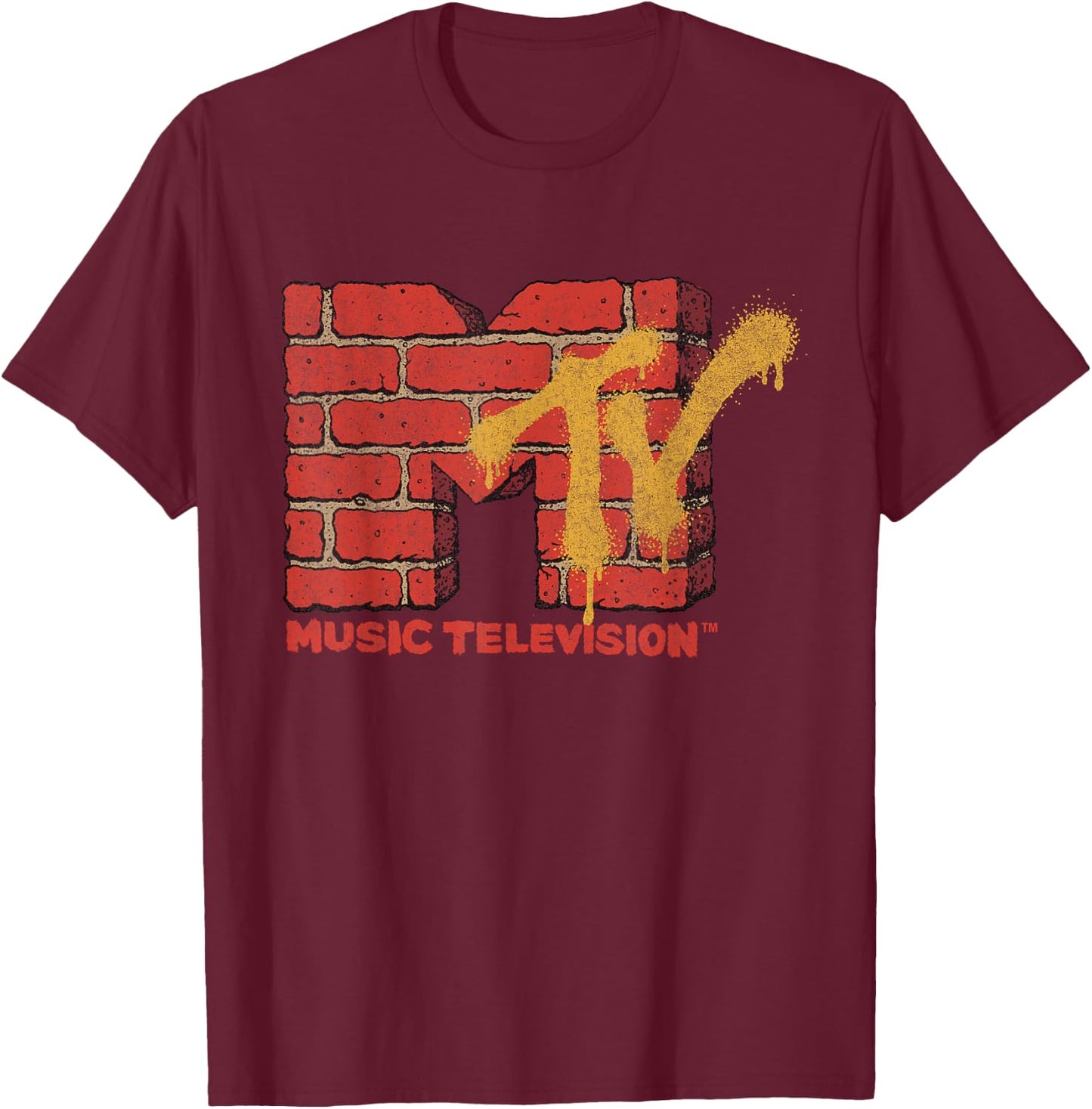 MTV Logo With Brick Wall And Spray Paint Treatment T-Shirt - T-Shirt | Maroon