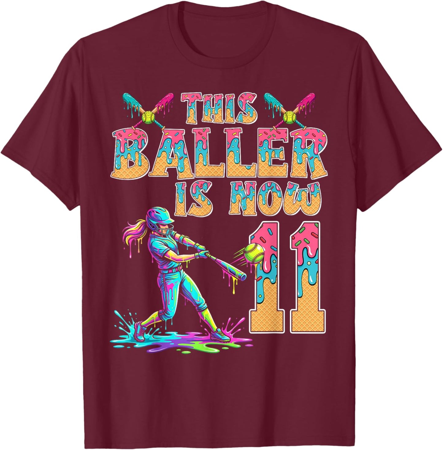 This Baller is Now 11 Years Old Birthday Girl Softball 11th T-Shirt - T-Shirt | Maroon