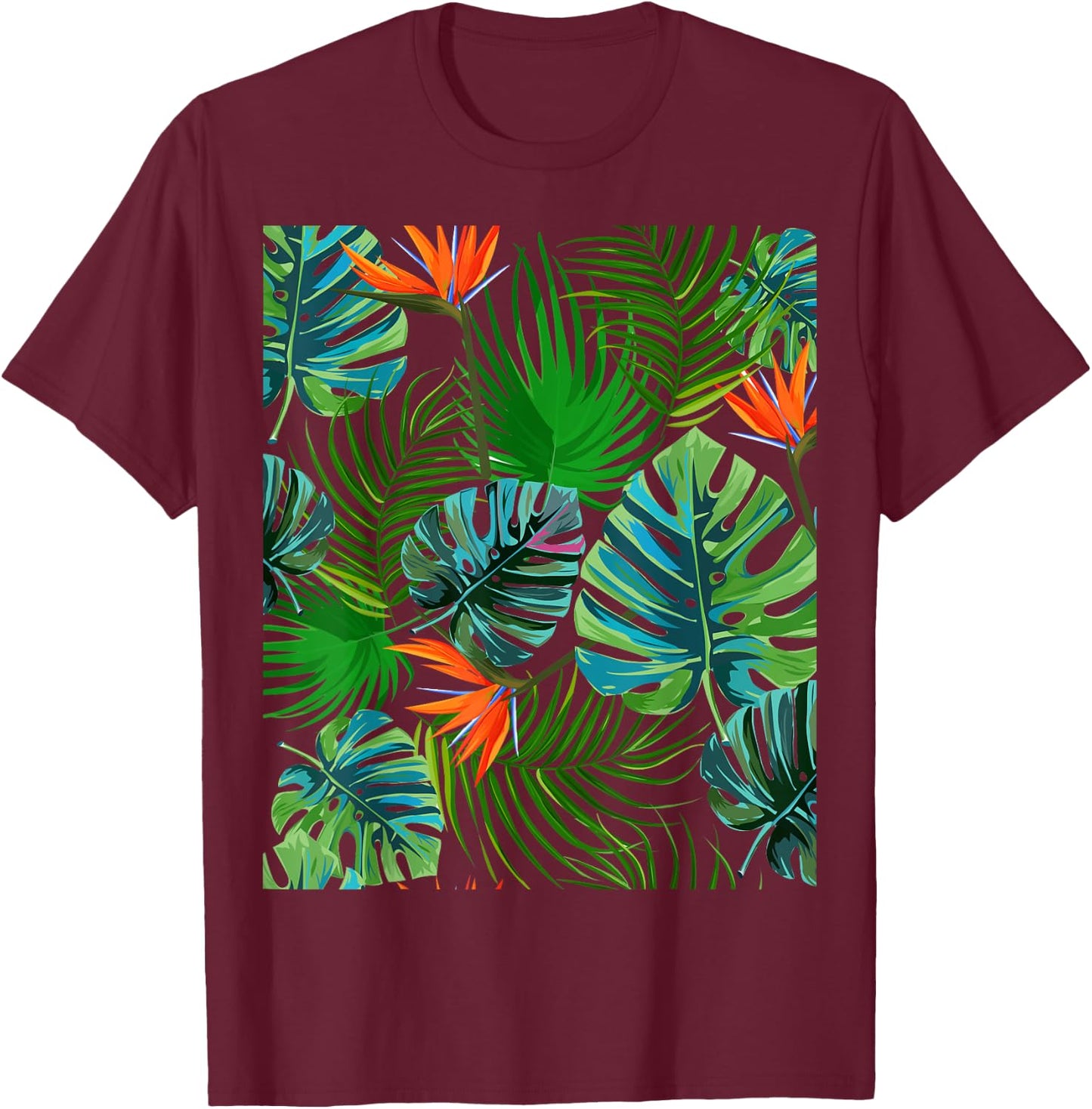 Birds of Paradise Tropical Floral Pattern Printed T-Shirt - T-Shirt | Maroon