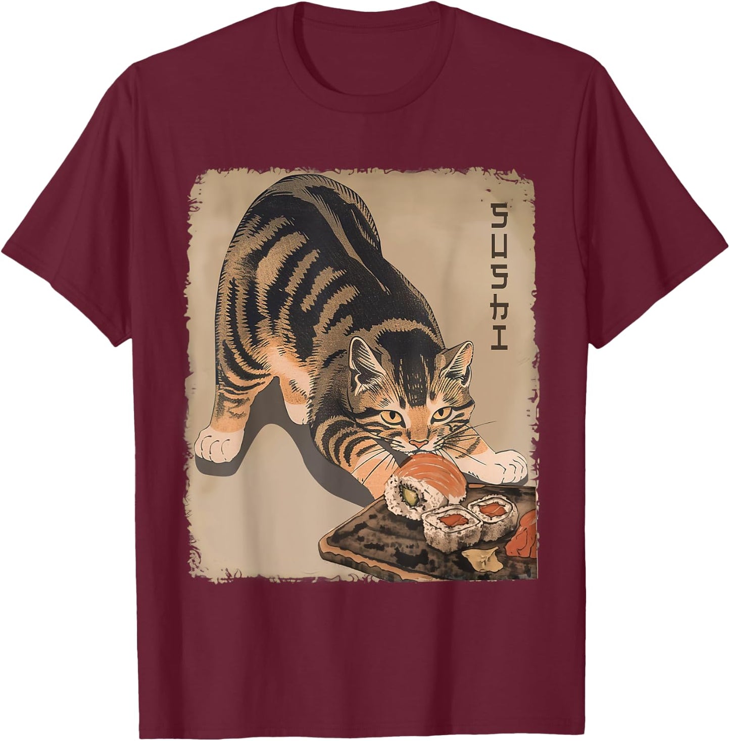Kawaii Cat Eating Sushi Funny Japanese Anime Cute Cat Girls T-Shirt - T-Shirt | Maroon