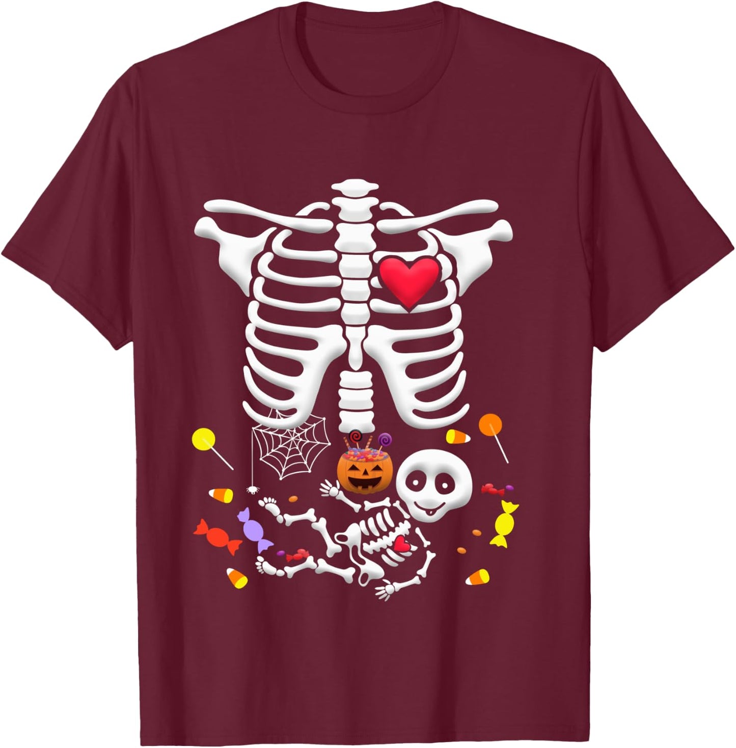 Candy Pumpkin Baby Skeleton Pregnancy Halloween Shirt T-Shirt - T-Shirt | Maroon