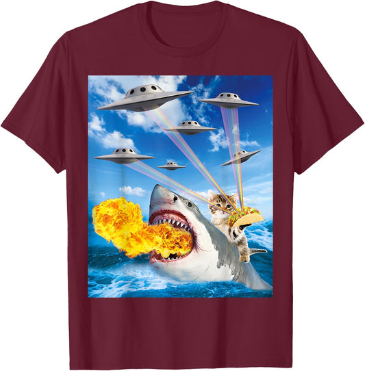 Cat Riding Fire Breathe Shark Rainbow Laser Taco T-Shirt - T-Shirt | Maroon