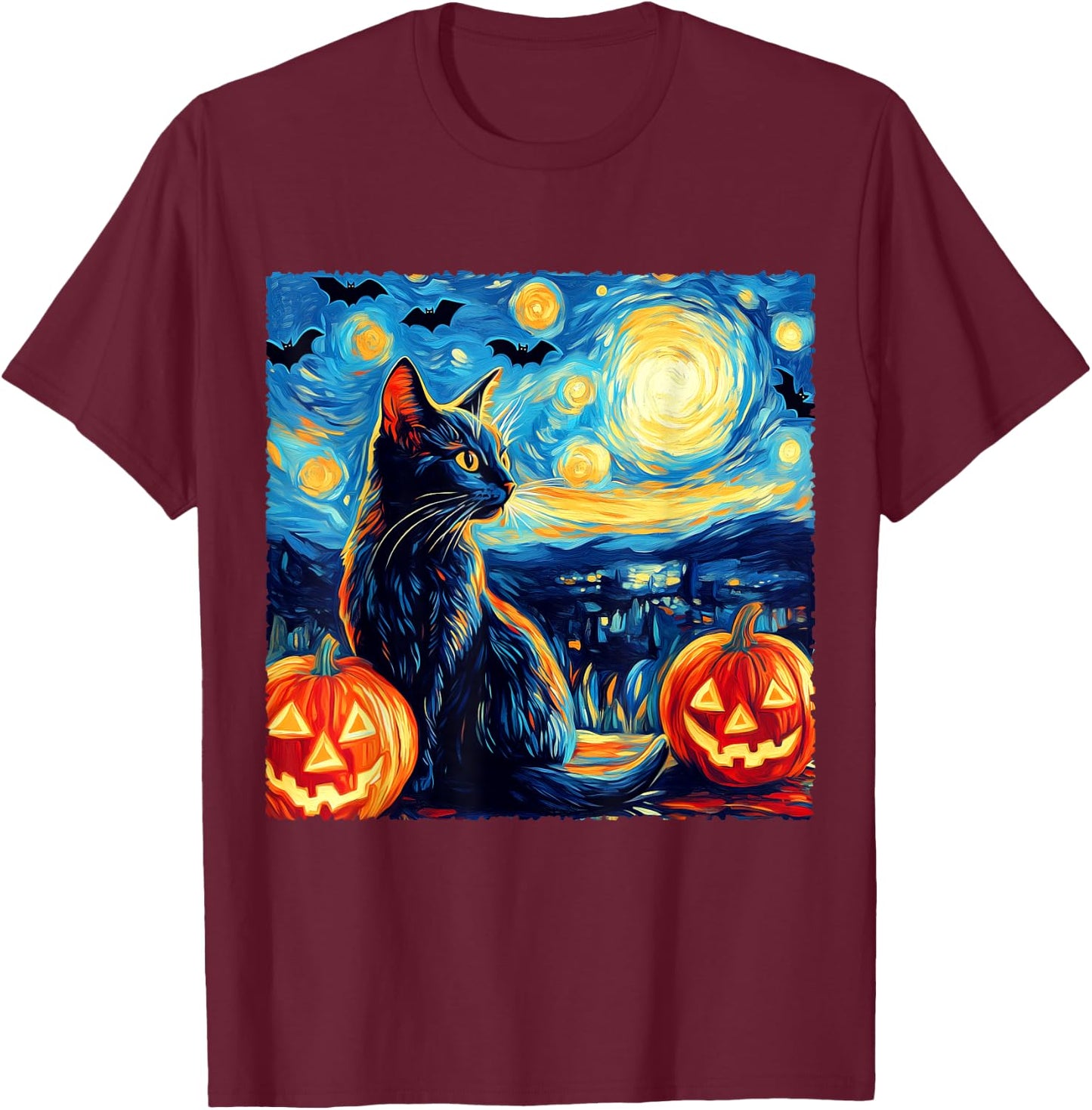 Cat Starry Night Van Gogh Cat Lover Bats Pumpkins Halloween Men Women Kids T-Shirt - T-Shirt | Maroon