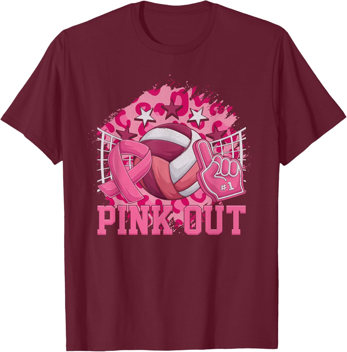 Pink Out Volleyball Pink Ribbon Breast Cancer Awareness T-Shirt - T-Shirt | Maroon