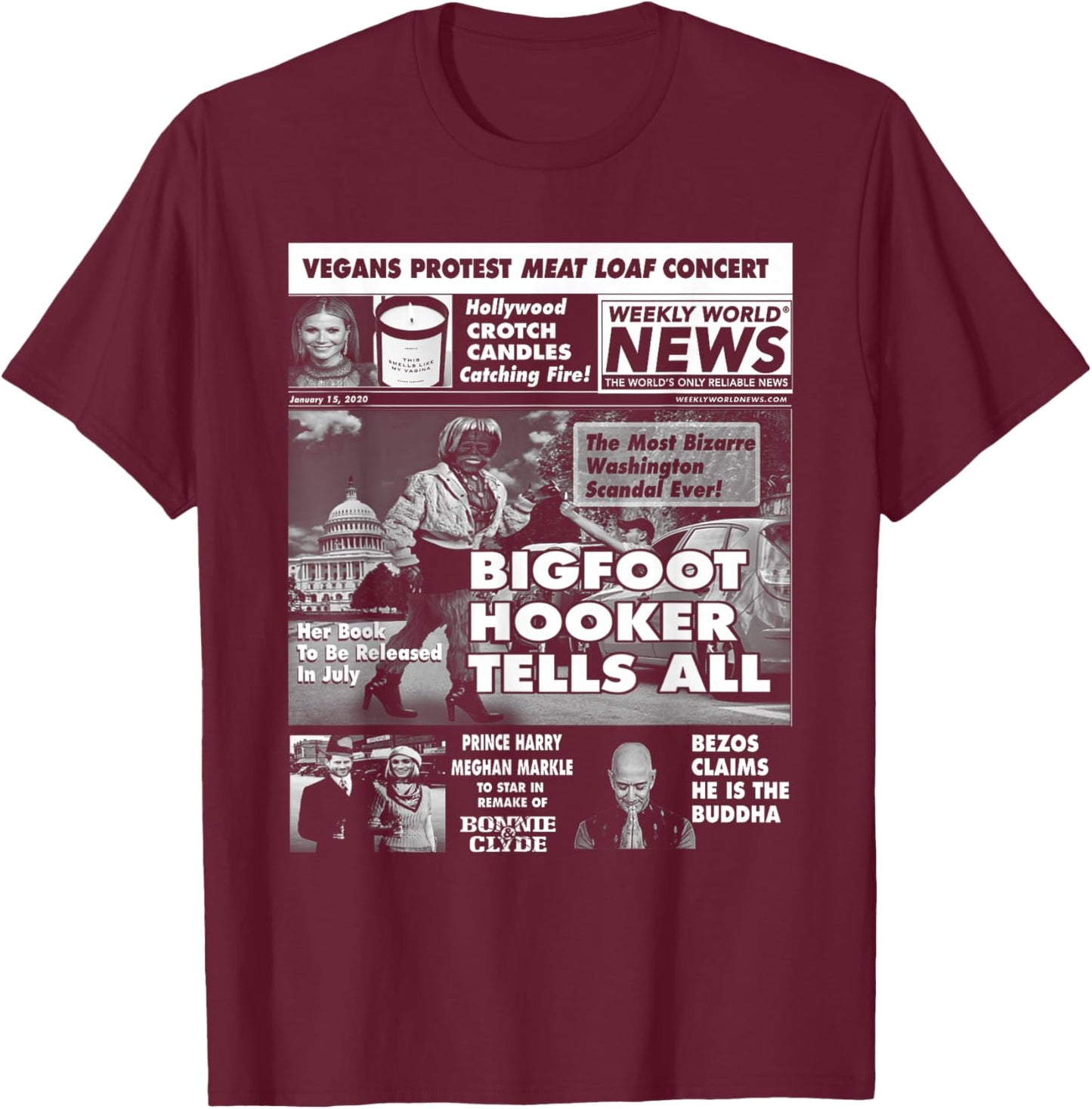 Weekly World News - Bigfoot Hooker Cover T-Shirt - T-Shirt | Maroon