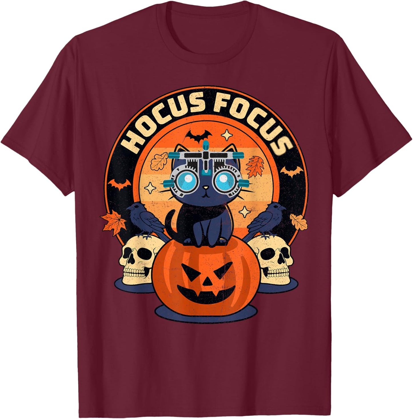 Hocus Focus Optometry Halloween Optometrist Eye Doctor Cat T-Shirt - T-Shirt | Maroon