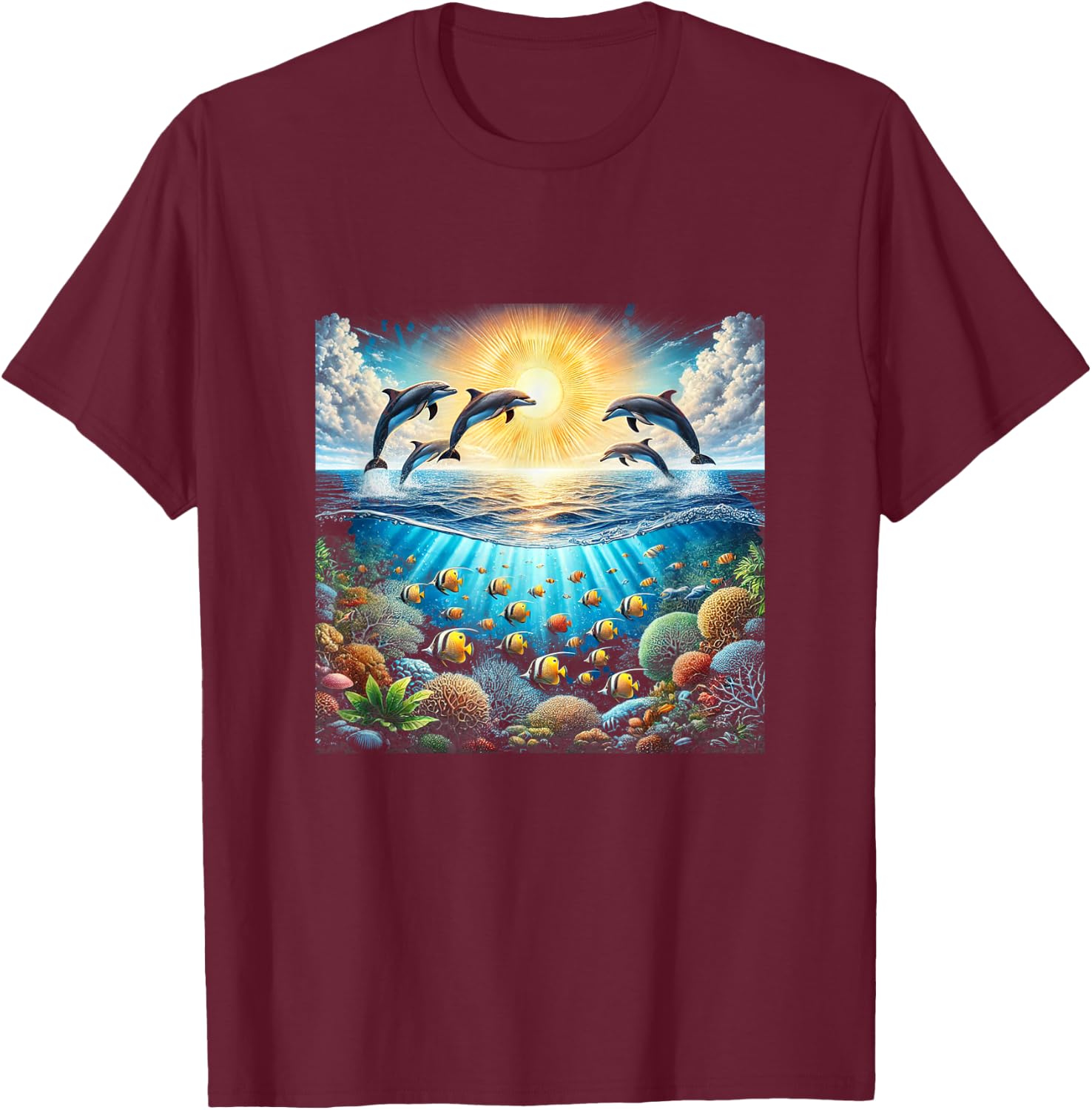 90s Dolphin, Aloha Hawaiian Dolphins, Colorful Beach T-Shirt - T-Shirt | Maroon