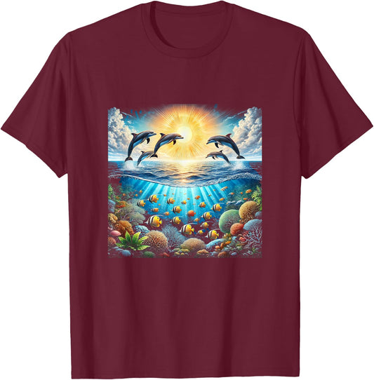 90s Dolphin, Aloha Hawaiian Dolphins, Colorful Beach T-Shirt - T-Shirt | Maroon