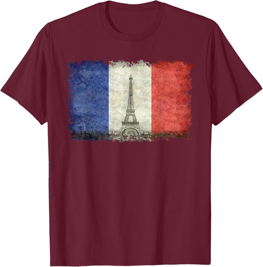 French Flag Vintage Postcard Style with Eiffel Tower T-Shirt - T-Shirt | Maroon