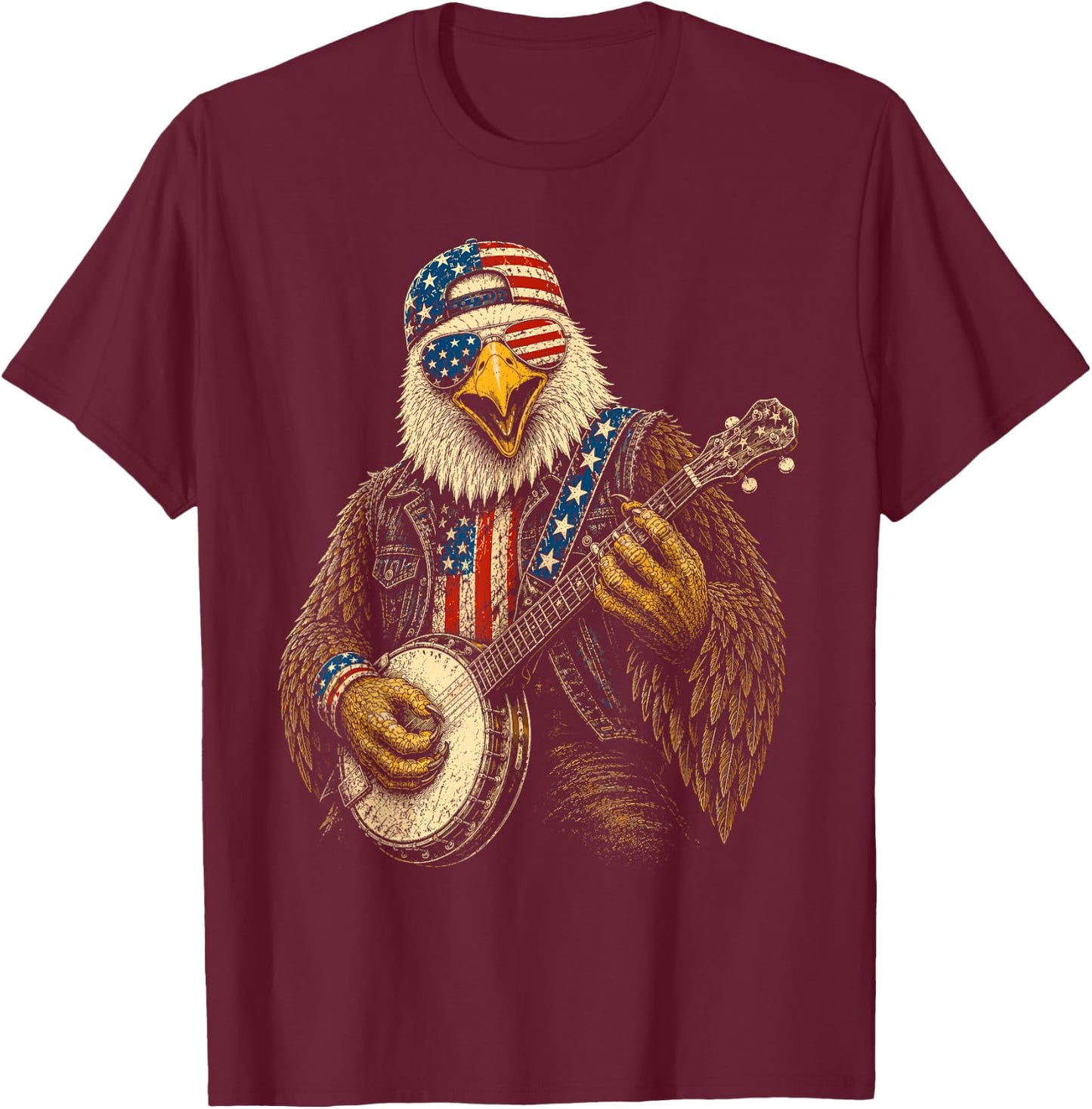 4th of July Patriotic Eagle Banjo 1776 2026 T-Shirt - T-Shirt | Maroon