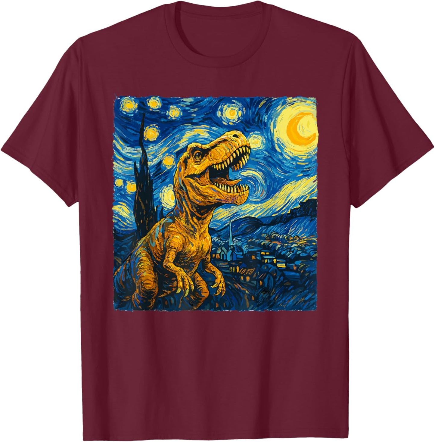Trex Dinosaur Dino Van Gogh Style - Starry Night Kids T-Shirt - T-Shirt | Maroon