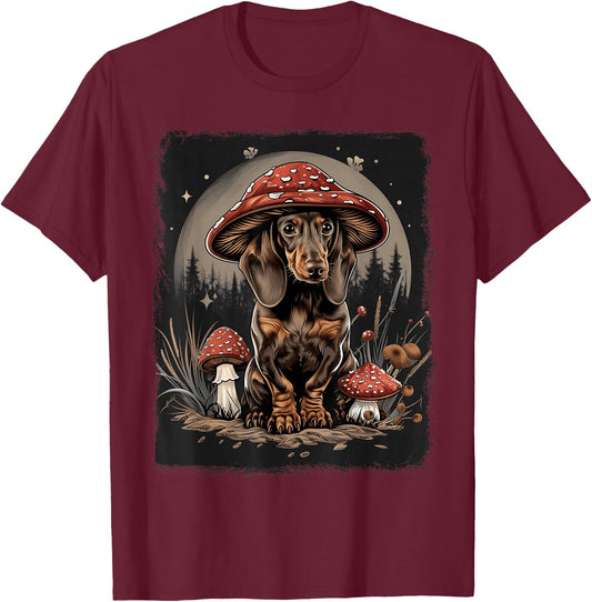 Dachshund Dog Cottagecore Aesthetic Mushroom Hat Witchy T-Shirt - T-Shirt | Maroon