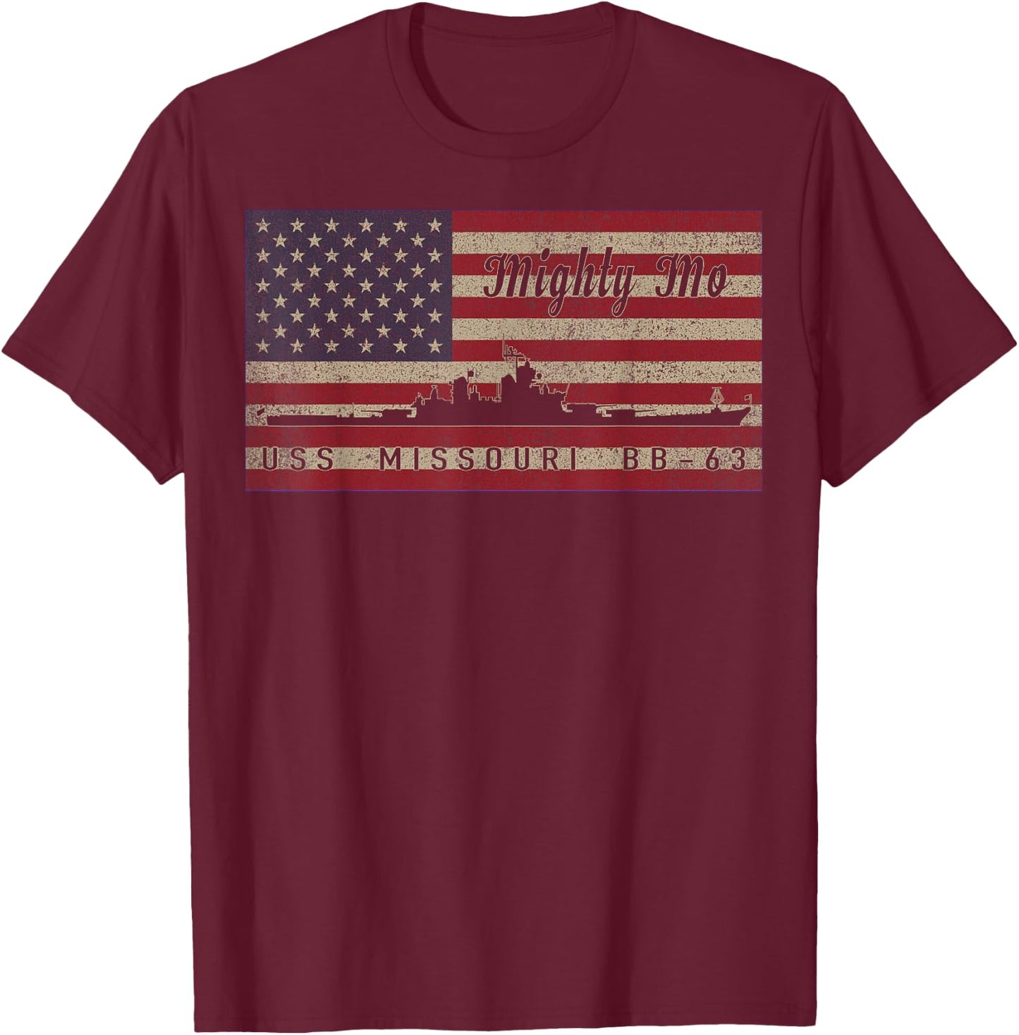 USS Missouri BB-63 Battleship Ship American Flag T-Shirt - T-Shirt | Maroon