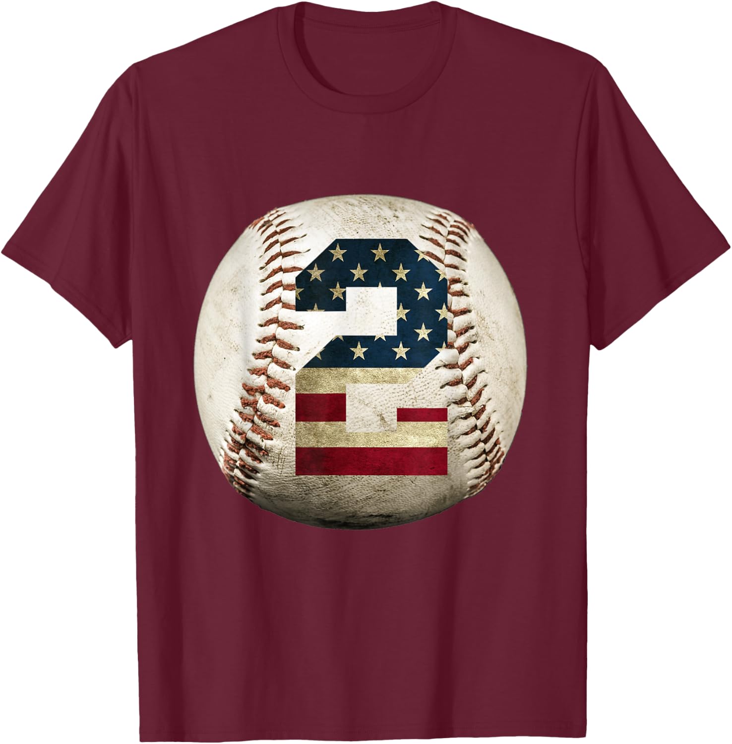 Baseball number 2 with American USA flag T-Shirt - T-Shirt | Maroon