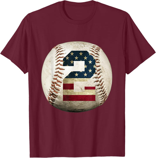 Baseball number 2 with American USA flag T-Shirt - T-Shirt | Maroon