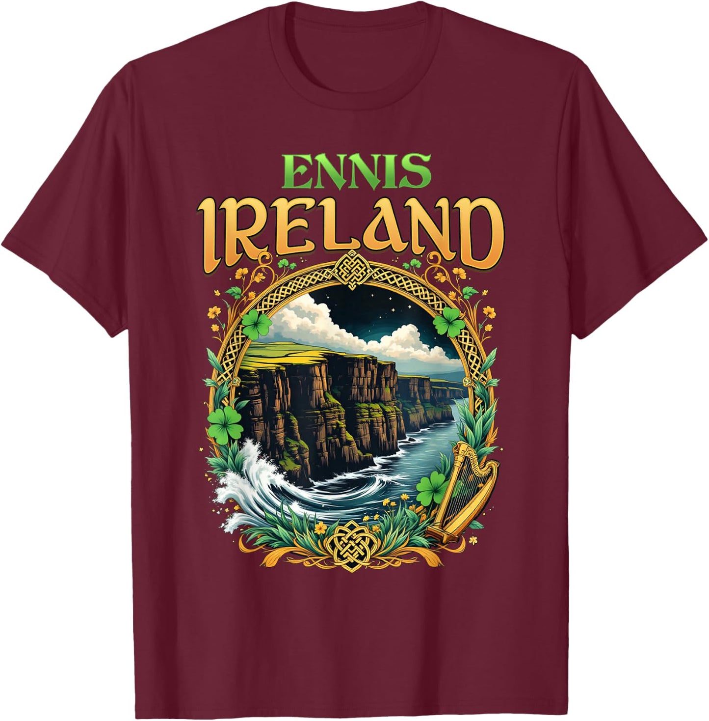 Ennis Ireland Souvenir Sea Cliffs Ennis Vacation Travel T-Shirt - T-Shirt | Maroon