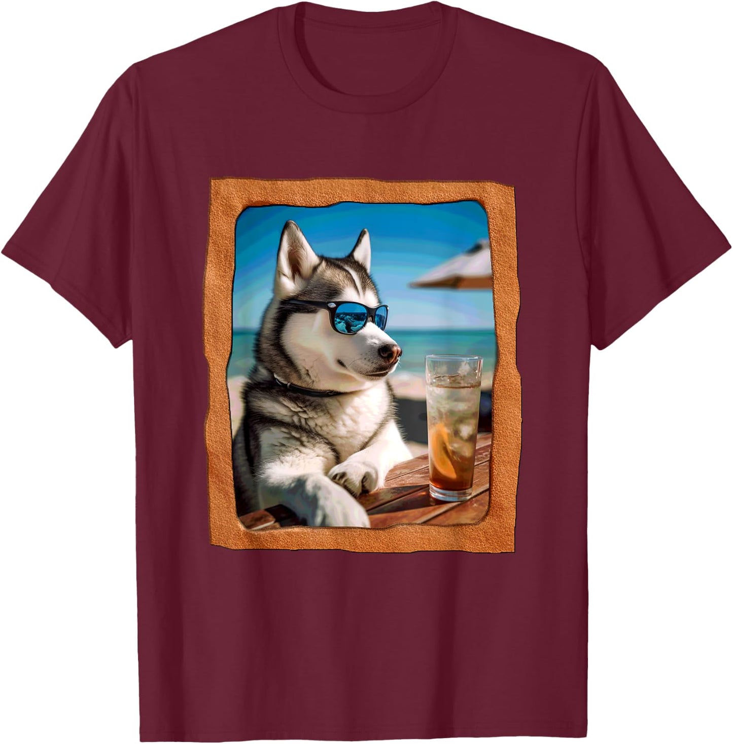 Husky with Sunglasses Enjoying Beach Time T-Shirt - T-Shirt | Maroon