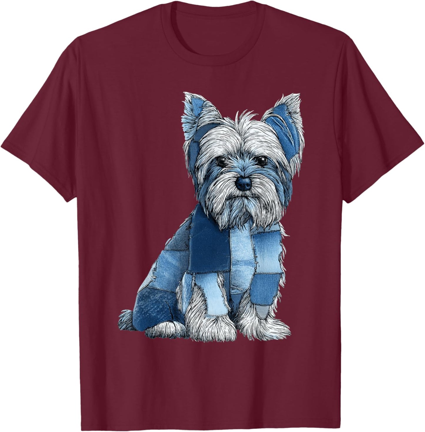 Funny Yorkshire Terrier Blue Denim Patchwork Graphic Animal T-Shirt - T-Shirt | Maroon