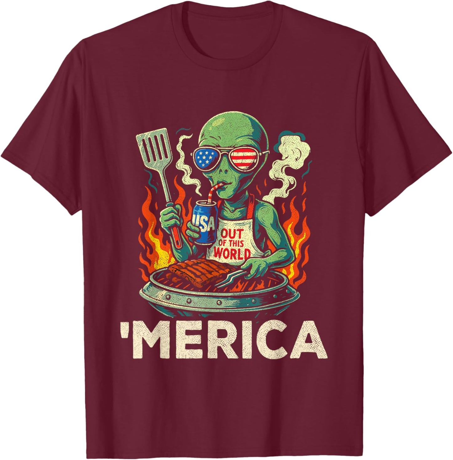 4th of July American Alien Grill - Merica USA - Funny Alien T-Shirt - T-Shirt | Maroon