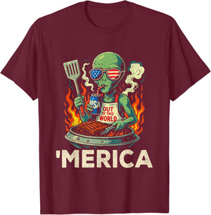 4th of July American Alien Grill - Merica USA - Funny Alien T-Shirt - T-Shirt | Maroon