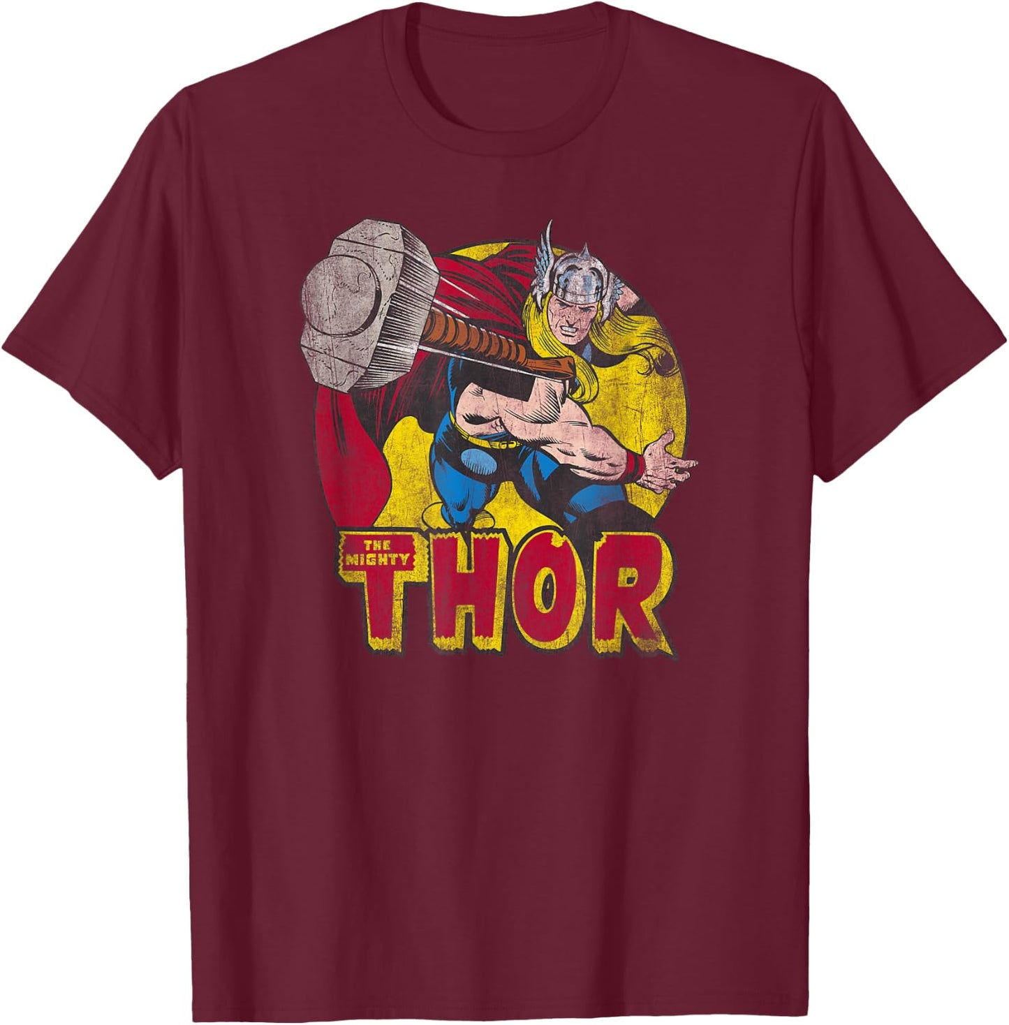 Marvel Mighty Thor Hammer Throw Vintage Graphic C1 T-Shirt - T-Shirt | Maroon